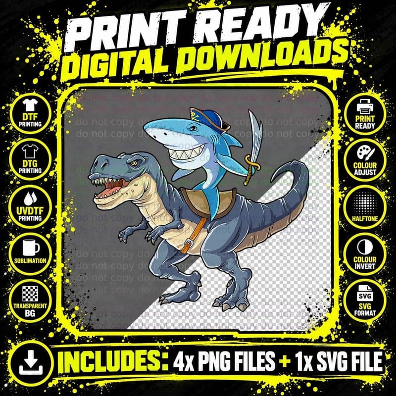 Shark Riding Dinosaur T Rex T Shirt Pirate Jawsome Tees Png SVG Digital Bundle
