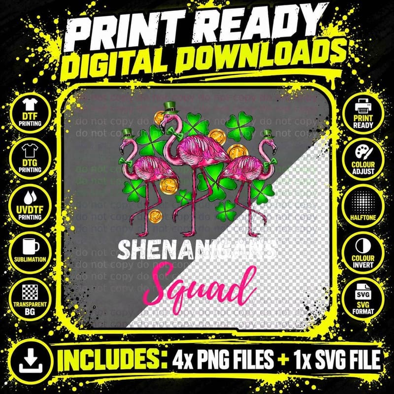 Shenanigan Squad Irish Flamingo St Patricks Day Bird Png SVG Digital Bundle