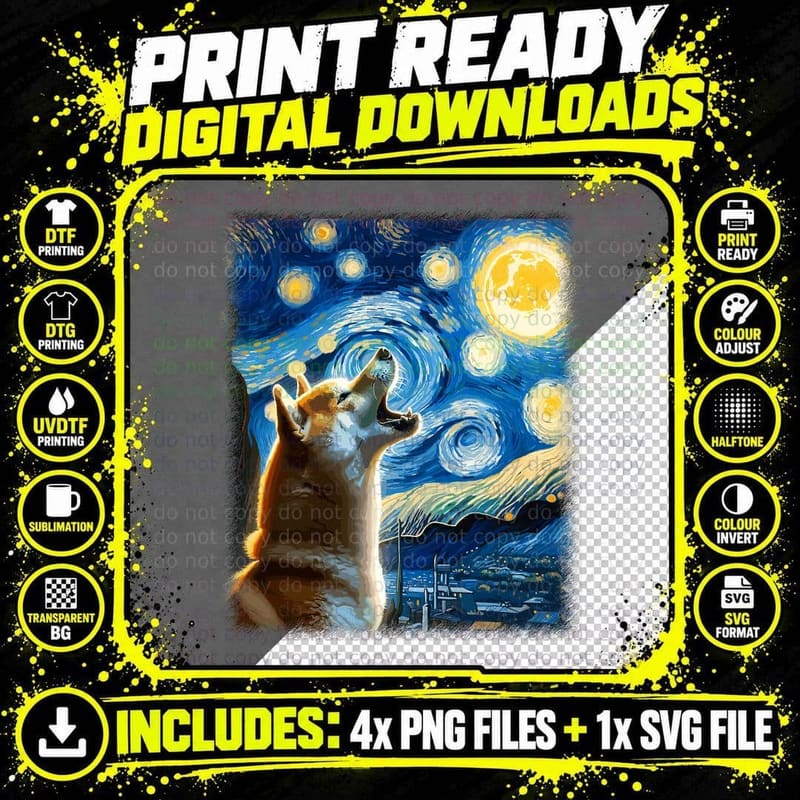 Shiba Inu Dog Canine Art Van Gogh Starry Night Shiba Inu Png SVG Digital Bundle