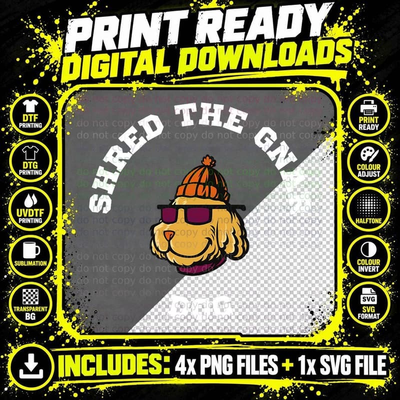 Shred the Gnar Dog Snow Snowboarding Ski Sports T-Shirt Png SVG Digital Bundle