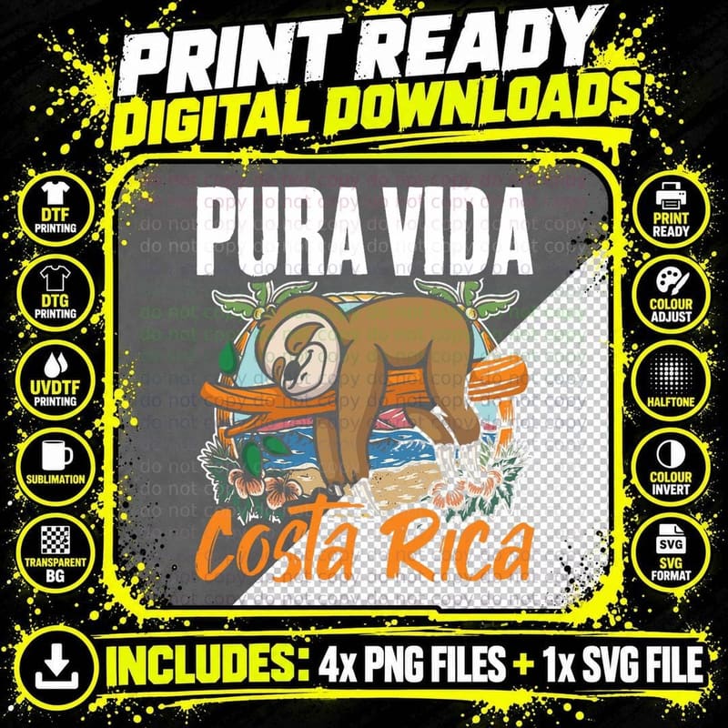 Sloth Beach Vacation Tropical Sloths Pura Vida Costa Png SVG Digital Bundle