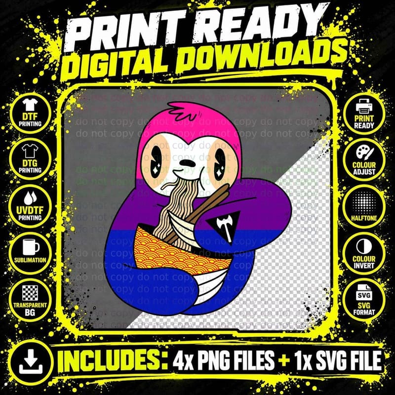 Sloth Eating Ramen LGBT-Q Cute Animal Bisexual Pride Bi Png SVG Digital Bundle
