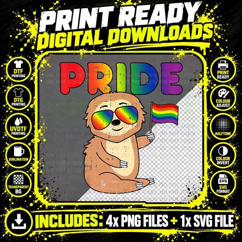 Sloth Gay Pride Rainbow Flag Proud LGBTQ Cool LGBT Ally Png SVG Digital Bundle