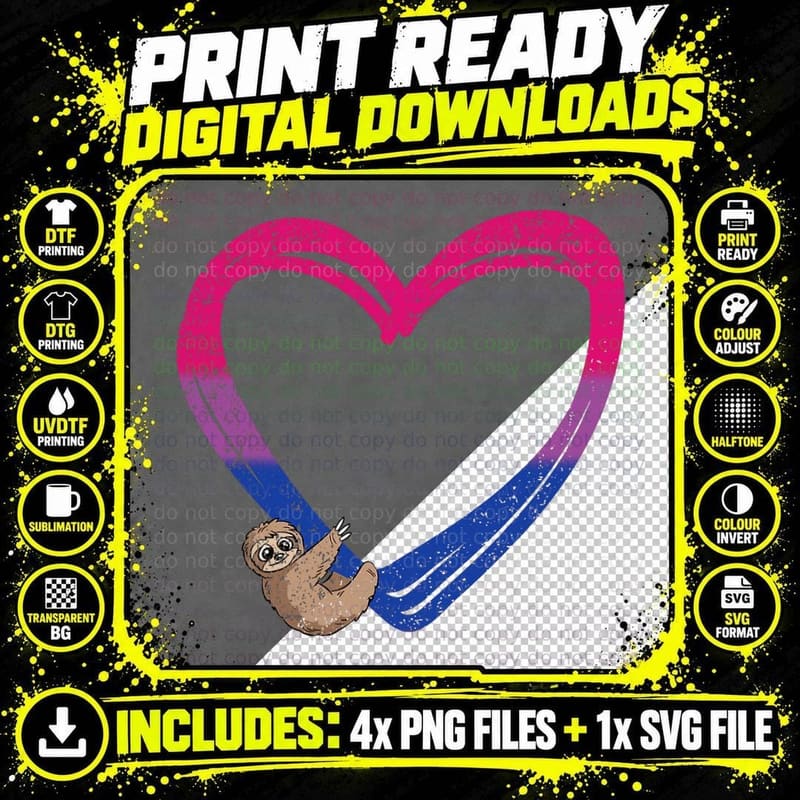 Sloth Heart Bisexual Funny Animal Pride Bi Flag LGBT-Q Png SVG Digital Bundle