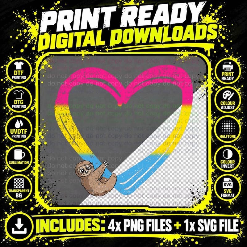 Sloth Heart Pansexual Funny Pride Flag LGBT-Q Ally Png SVG Digital Bundle