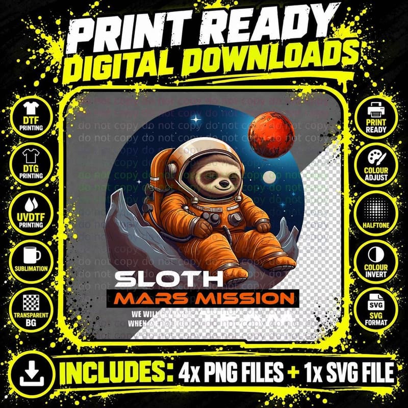 Sloth Mars Mission Team Funny Space Astronaut T-Shirt Png SVG Digital Bundle