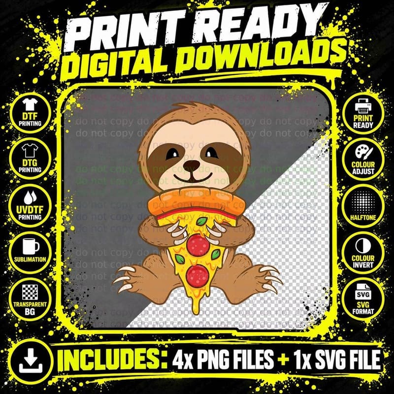 Sloth Pizza Lover - Foodie Wildlife Animal Nature Png SVG Digital Bundle