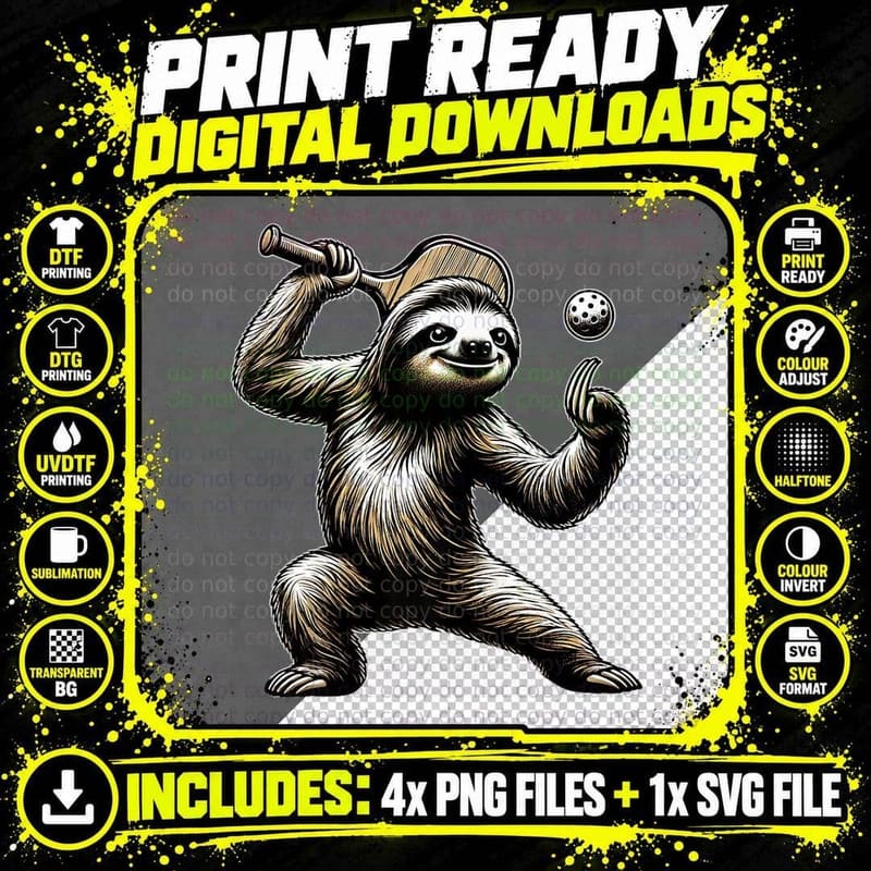Sloth Playing Pickleball Wildlife Animal Lover T-Shirt Png SVG Digital Bundle