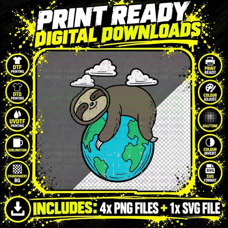 Sloth Sleeping on Earth Day Climate Change Men Women Png SVG Digital Bundle
