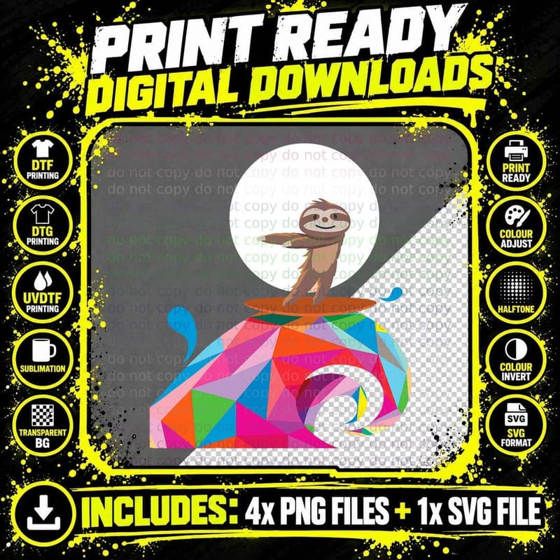 Sloth Surfing Teen Boys Men Surfer Gift Beach House Png SVG Digital Bundle