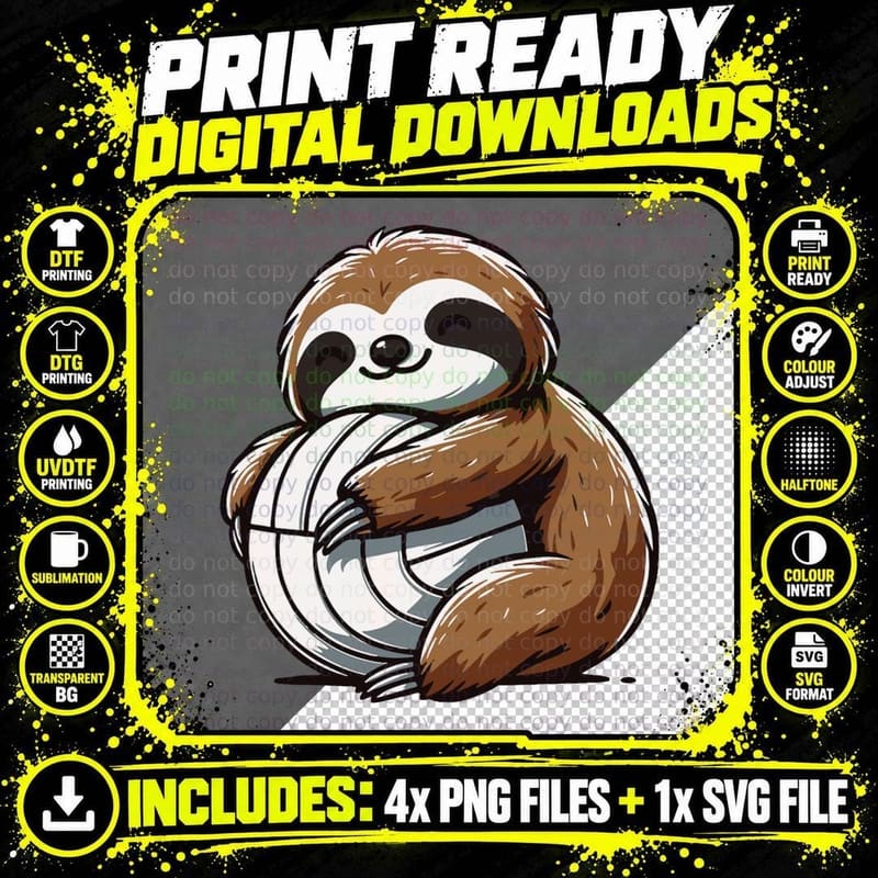 Sloth Volleyball Funny Lazy Sloth with Volleyball Ball Png SVG Digital Bundle