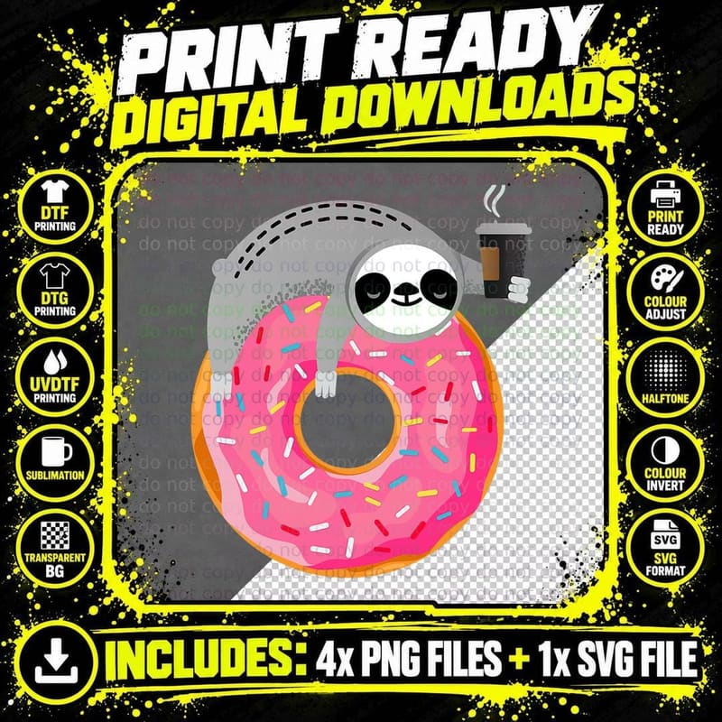 Sloth on Donut with Cup of Steaming Coffee T-Shirt Png SVG Digital Bundle