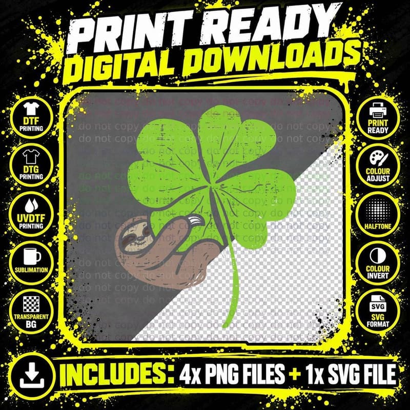 Sloth on Shamrock Cute Clover Lazy St Patricks Day Png SVG Digital Bundle