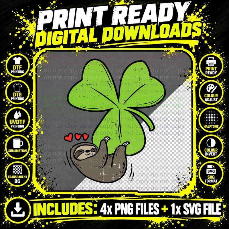 Sloth on Shamrock Hearts Cute St Patricks Day Men Women Png SVG Digital Bundle