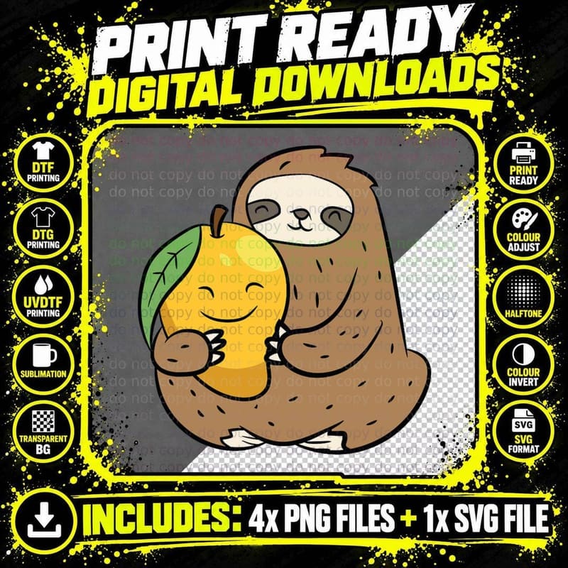 Sloth with Mango Fruit Cute Mangoes and Sloth T-Shirt Png SVG Digital Bundle