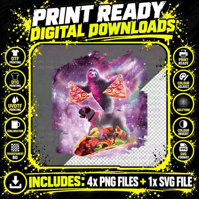 Space Pizza Sloth on Pug Unicorn on Taco Png SVG Digital Bundle