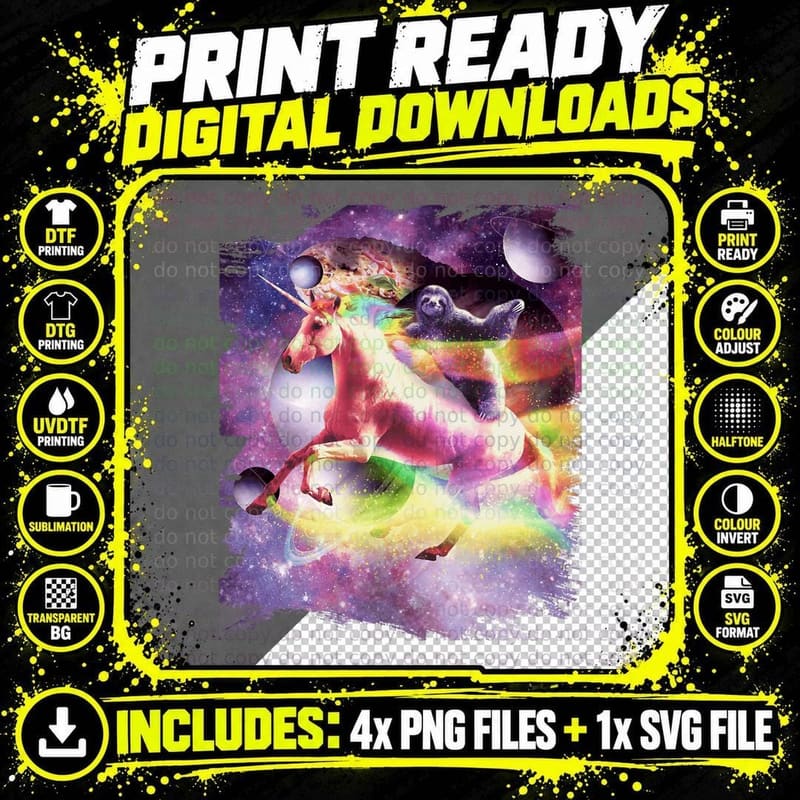 Space Sloth Riding on Unicorn T-Shirt Png SVG Digital Bundle