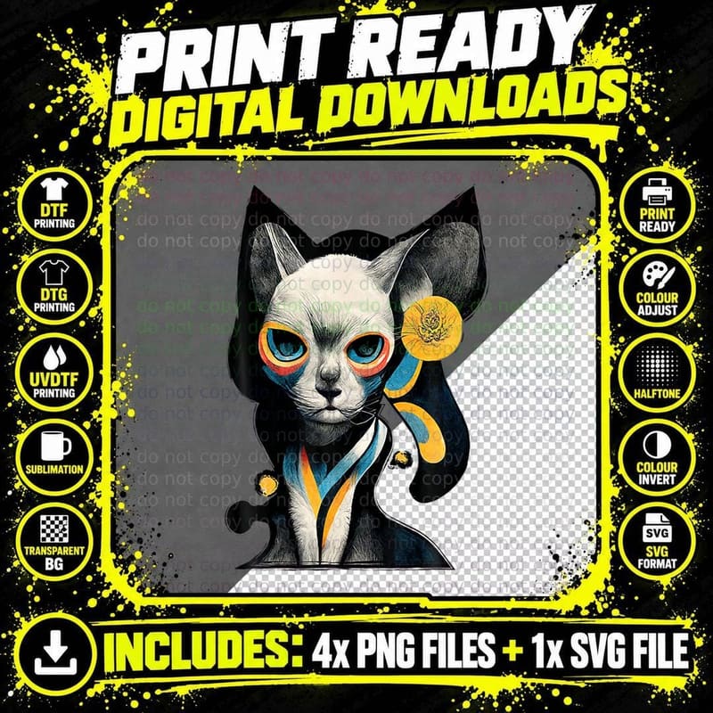 Sphynx Cat in Colorful Artistic Bizarre Strange Weird Png SVG Digital Bundle
