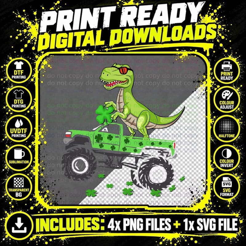 St Patricks Day Boys Kid Toddler Dinosaur Monster Turck Png SVG Digital Bundle