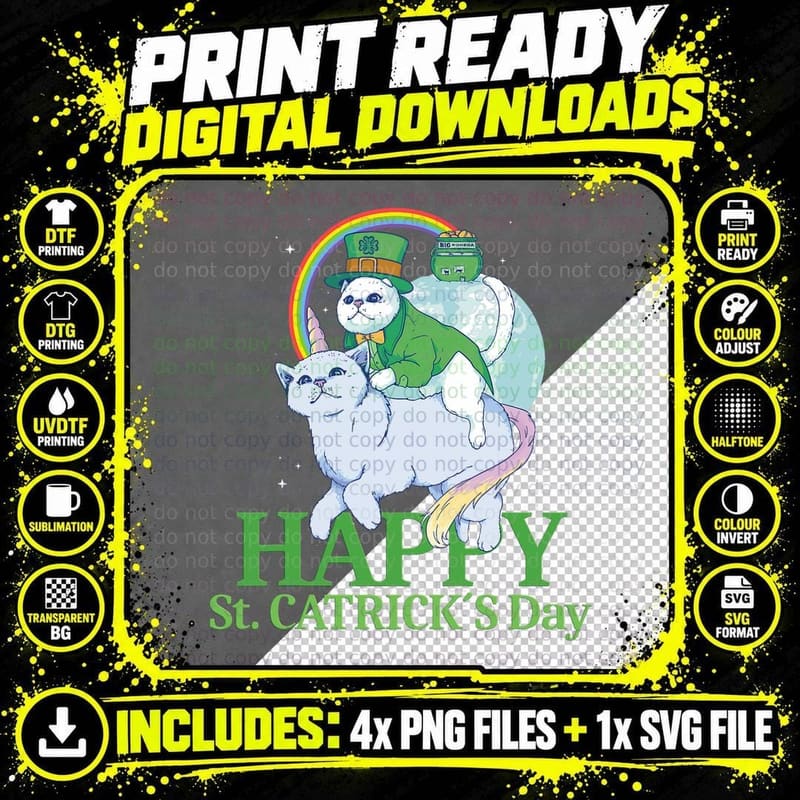 St Patricks Day Cat Goblin Irish Rainbow T-Shirt Png SVG Digital Bundle