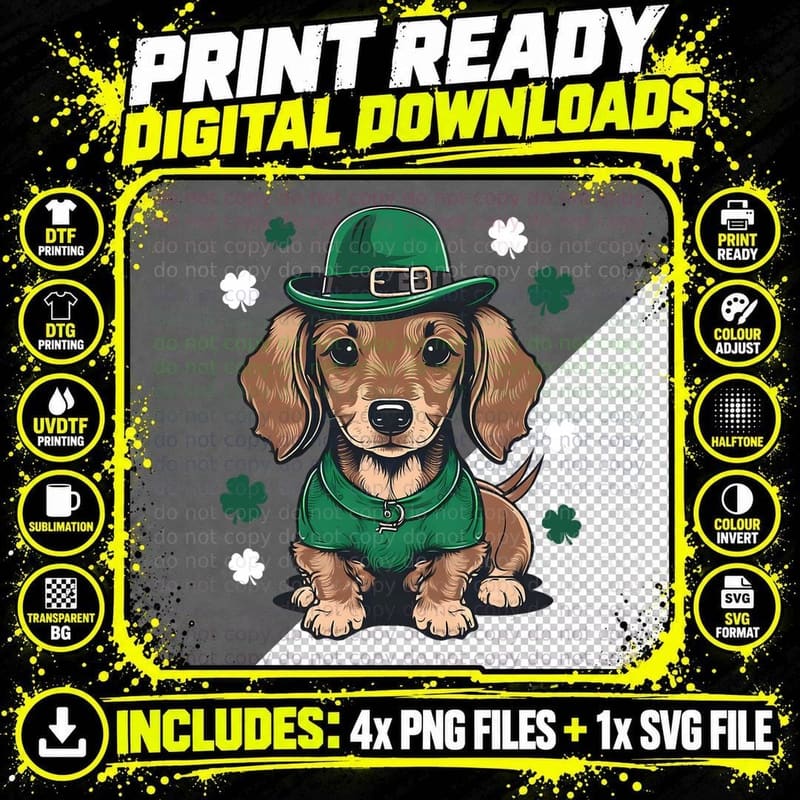 St Patricks Day Dachshund Weiner Dog Shamrock T-Shirt Png SVG Digital Bundle