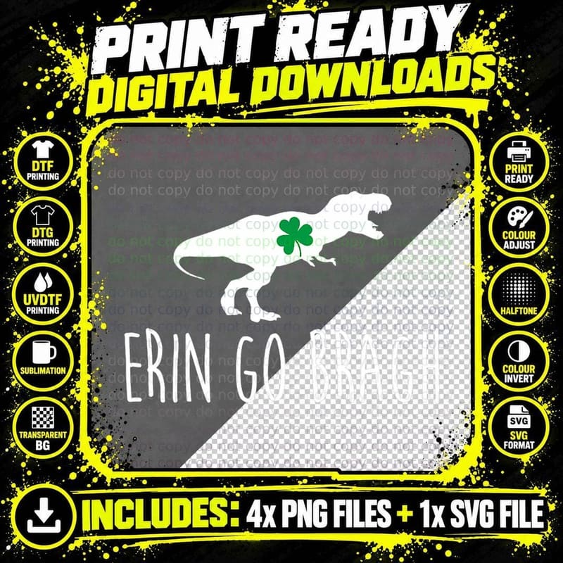 St Patricks Day Dinosaur Shirt, Erin Go Bragh T Rex Gift Png SVG Digital Bundle