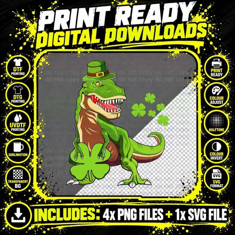 St Patricks Day Happy St Pat Trex Dinosaur Irish Boy Png SVG Digital Bundle
