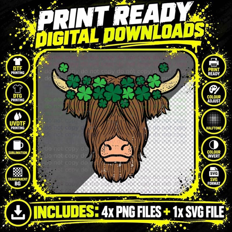 St Patricks Day Highland Cow Saint Paddys Men Women Kids Png SVG Digital Bundle