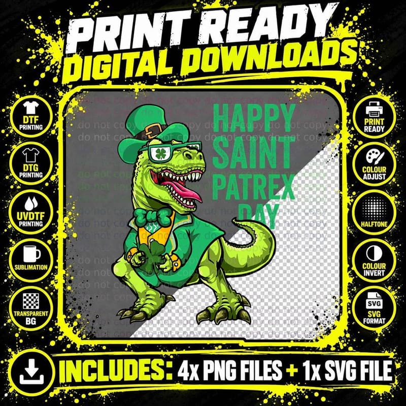 St Patricks Day Irish Leprechaun Dinosaur T Rex Boys T Png SVG Digital Bundle