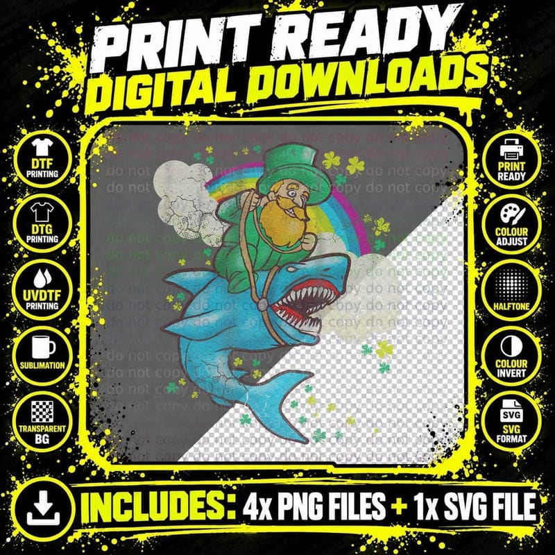 St Patricks Day Irish Leprechaun Riding Shark Kids Boys Png SVG Digital Bundle