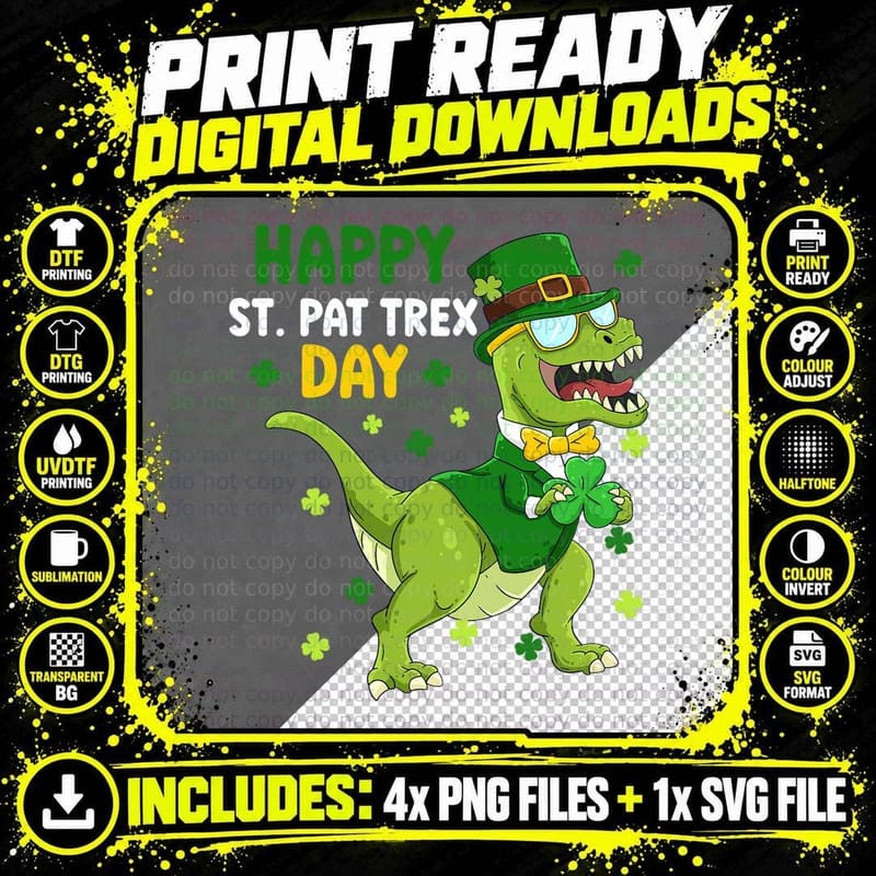 St Patricks Day Leprechaun Dinosaur Dino Happy St Pat Png SVG Digital Bundle
