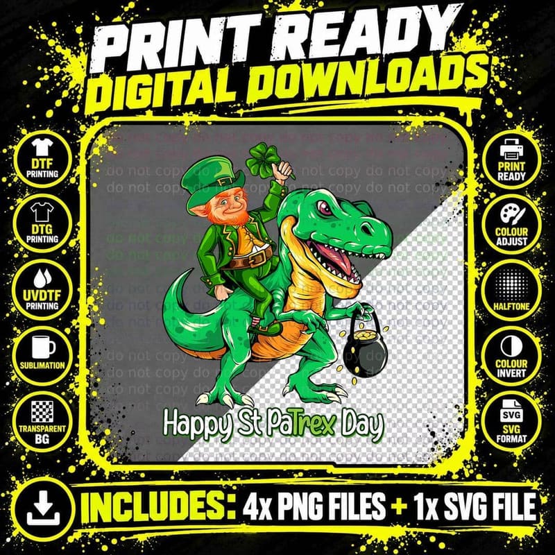 St Patricks Day Leprechaun Riding Dinosaur Gift Kids Png SVG Digital Bundle