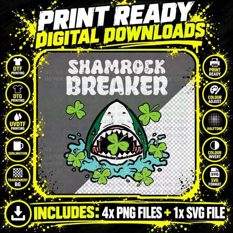St Patricks Day Shark Shamrock Breaker Saint Paddys Boys Png SVG Digital Bundle
