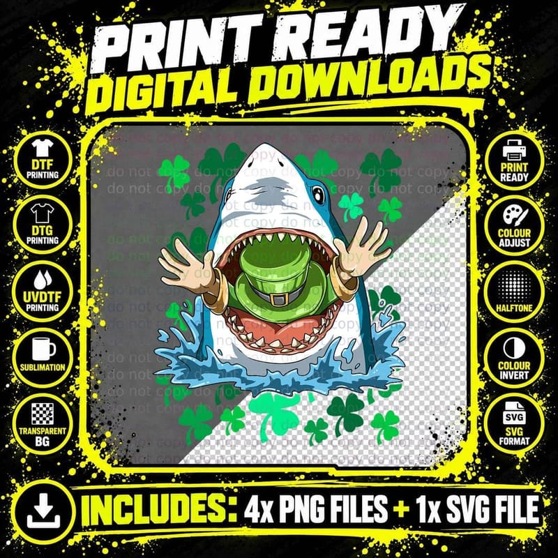 St. Patrick's Day Shark Eating Leprechaun Irish Shark Png SVG Digital Bundle