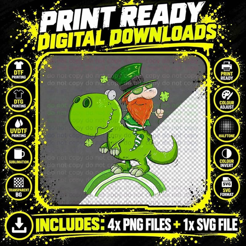 St. Patricks Day Leprechaun Riding a Dinosaur Shamrock Png SVG Digital Bundle