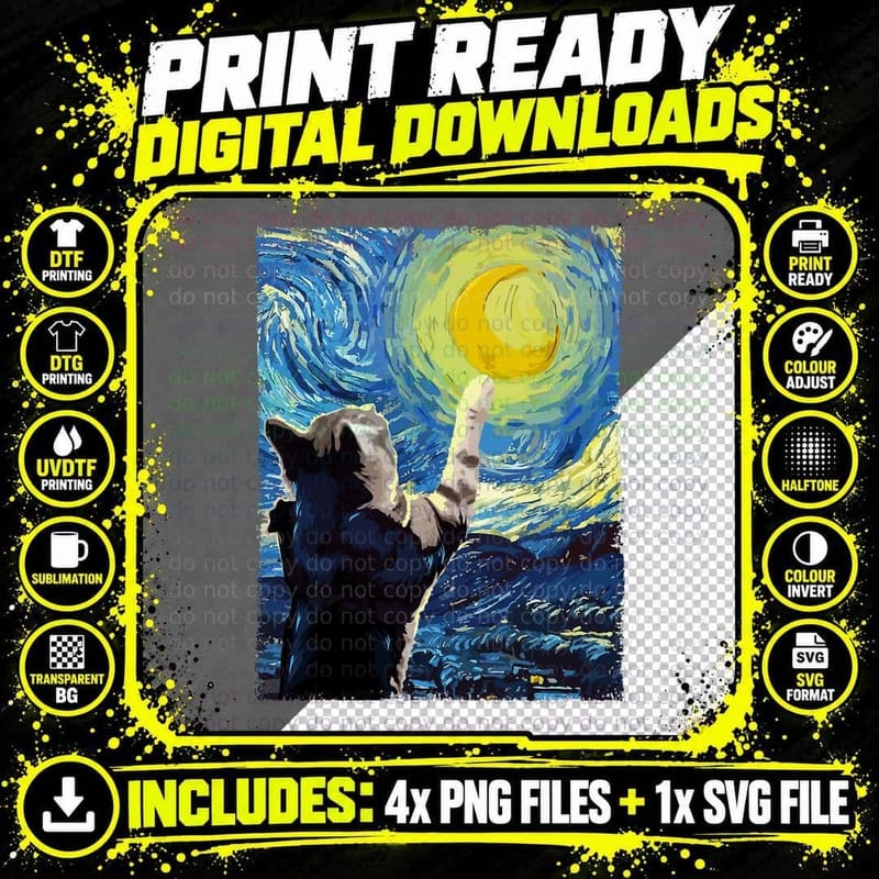 Starry Night Cat Painting Kitten Kitty Cat Mom Dad Cat Png SVG Digital Bundle