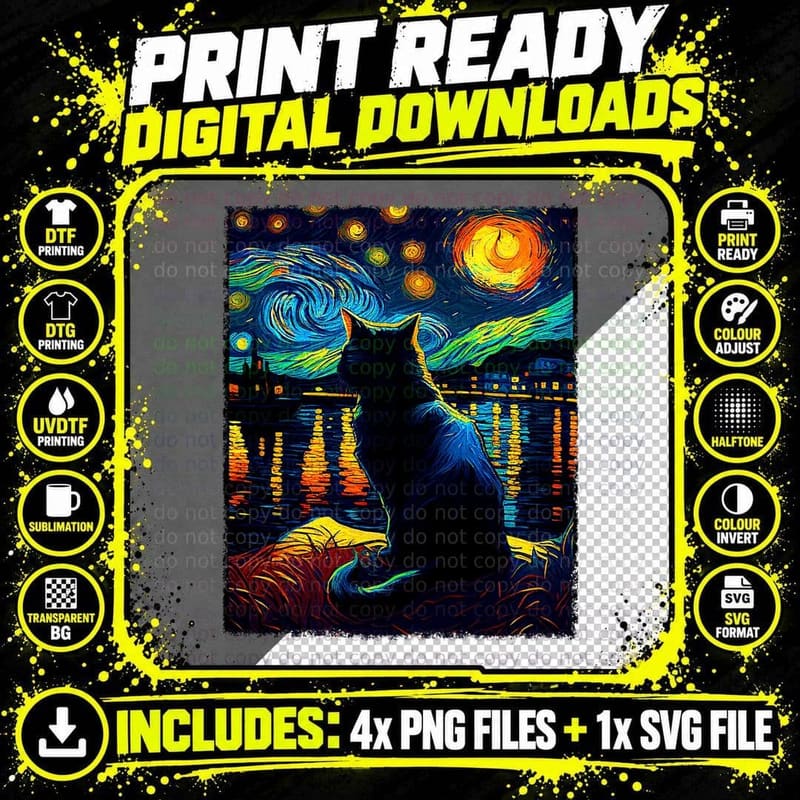 Starry Night Cat Van Gogh Cat Famous Painting Cats Lover Png SVG Digital Bundle