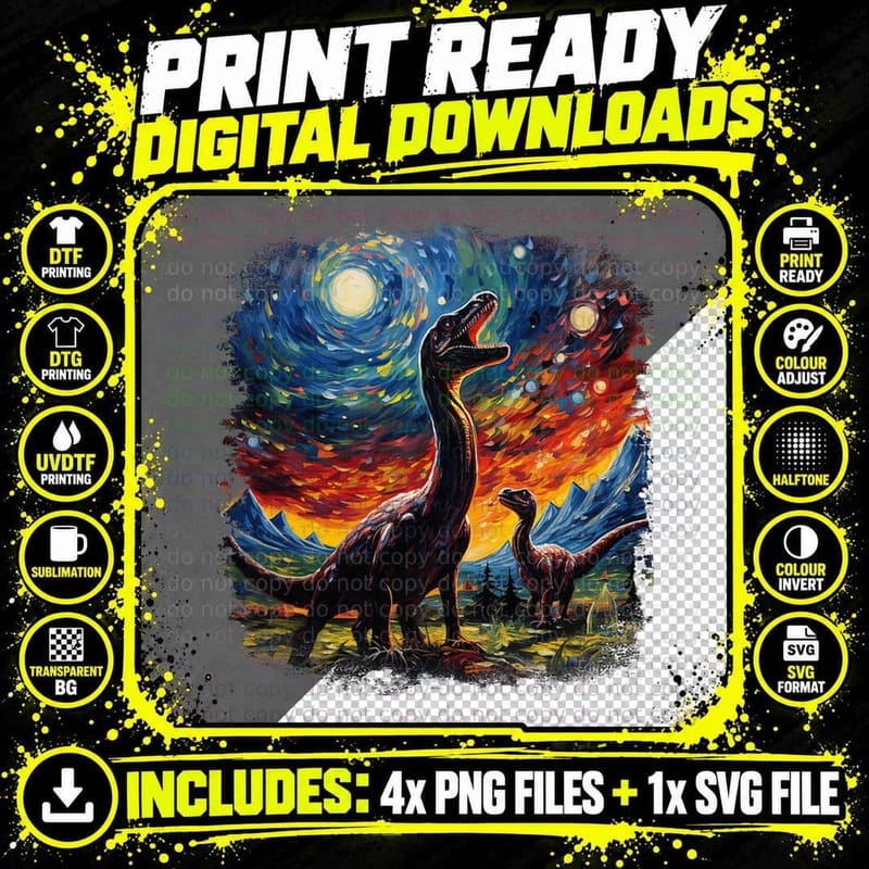 Starry Night T Rex Dinosaur Van Gogh Portrait Painting Png SVG Digital Bundle