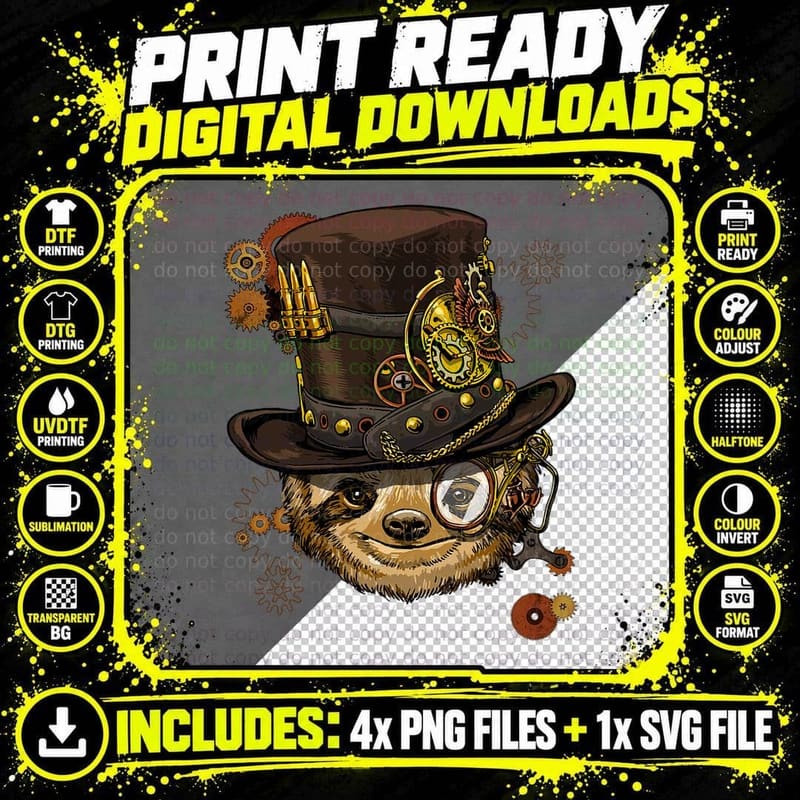 Steampunk Sloth Shirt Steampunk Gears Animal Sloth Lover Png SVG Digital Bundle