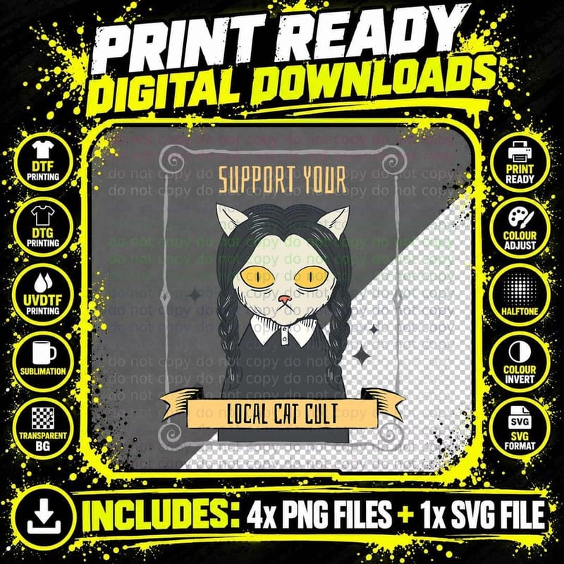 Support Your Local Cat Cult - Retro Gothic Occult Nun Png SVG Digital Bundle