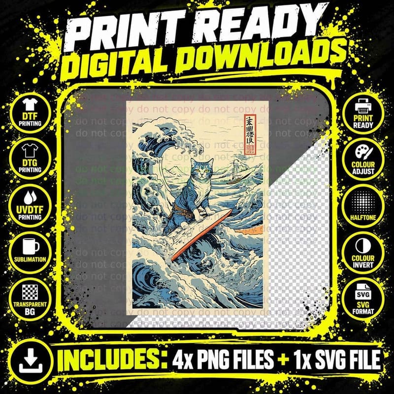 Surfing Cat Hokusai Great Wave off Kanagawa Japanese Art Png SVG Digital Bundle