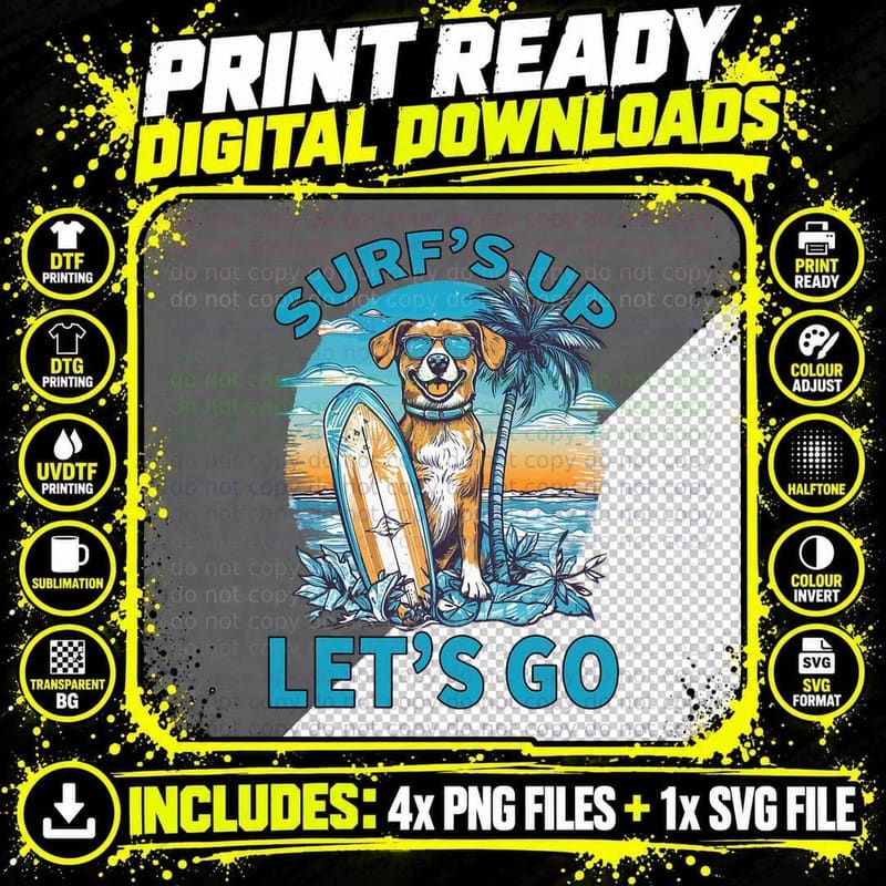 Surfs up Lets Go Dog Surfing at Beach Summer Men Women Png SVG Digital Bundle