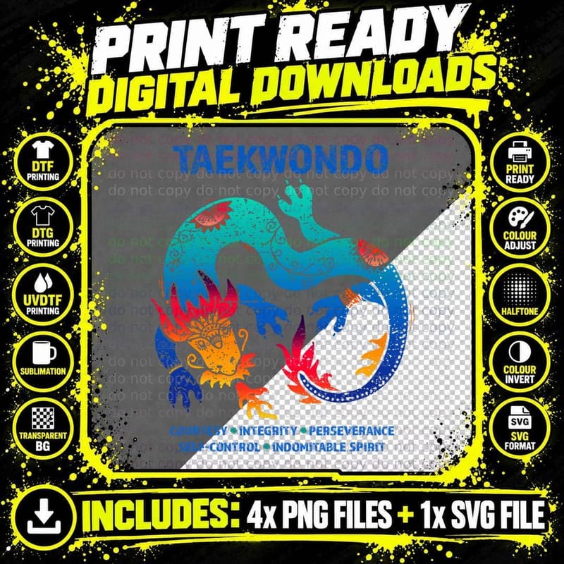Taekwondo Five Tenets Colorful Dragon Artwork Martial Png SVG Digital Bundle