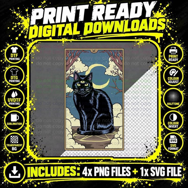 Tarot Card 3 Eyed Black Cat Crescent Moon Gothic Witchy Png SVG Digital Bundle