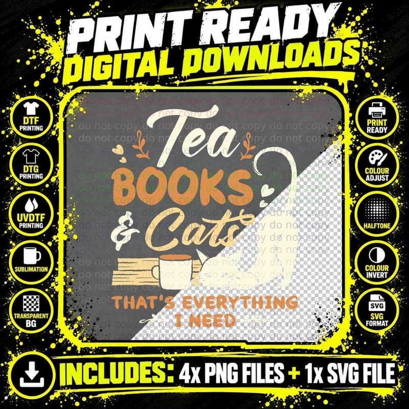 Tea Books and Cats, Cat Book Lovers Reading Book T-Shirt Png SVG Digital Bundle