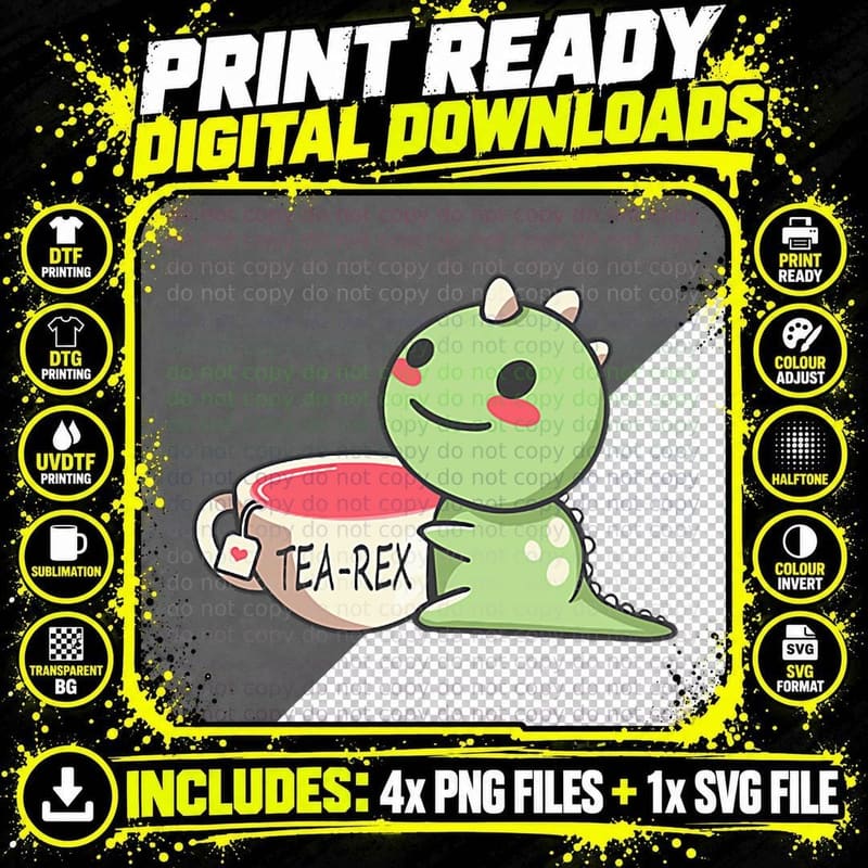 Tea Rex - Dinosaur Drinking Cup of Tea for Tea Lovers Png SVG Digital Bundle
