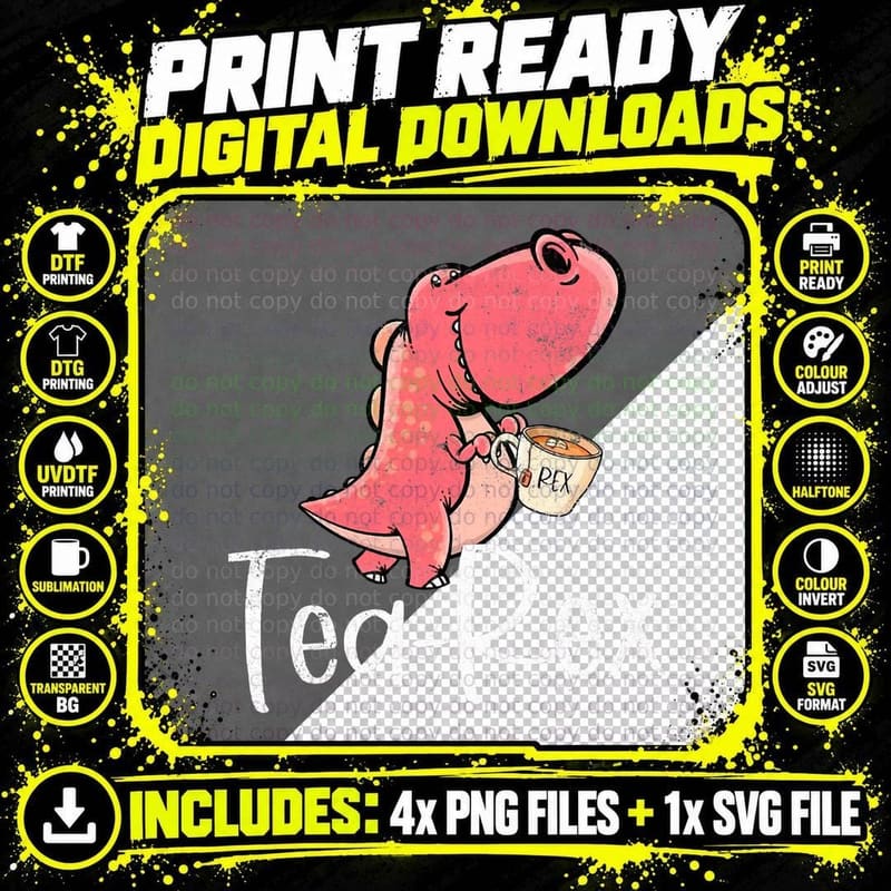 Tea Rex Funny Dinosaur T Rex Lovers Tea Party Kids Girls Png SVG Digital Bundle