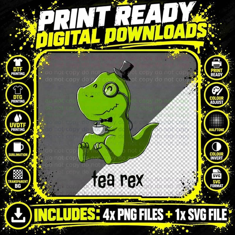 Tea Rex T-Rex Dinosaur Dino Coffee Hot Drink Cool Cute Png SVG Digital Bundle