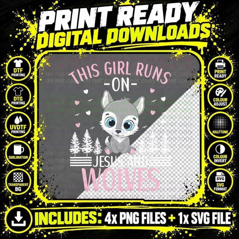 This Girl Runs on Jesus and Wolves Cute Wolf Animal Png SVG Digital Bundle
