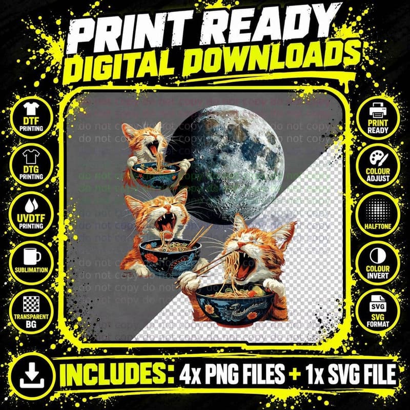 Three Cat Ramen Howling at the Moon Funny Weird Png SVG Digital Bundle